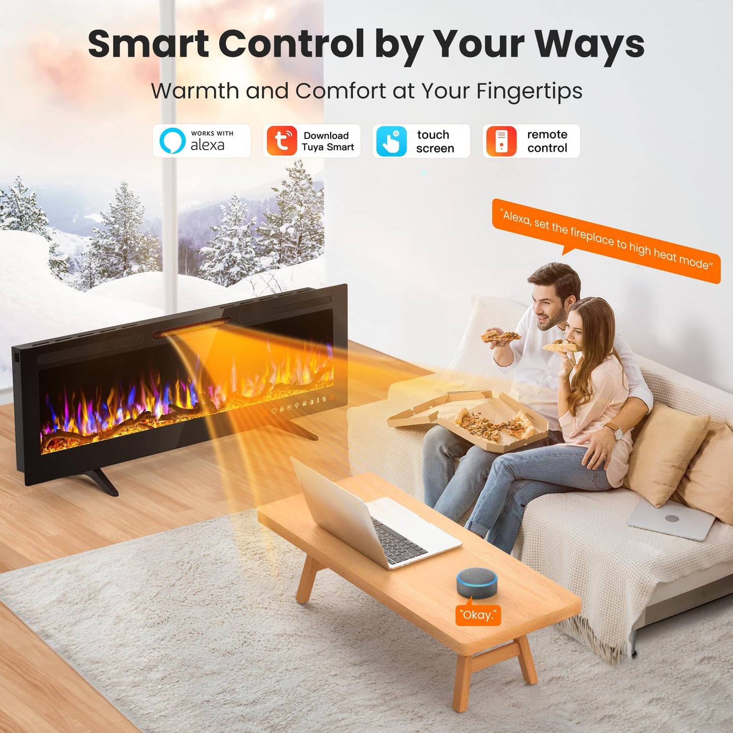ALPACA 36'' Smart WiFi Electric Fireplace Recessed, Wall Mounted and Freestanding Linear Fireplace, Compatible with Alexa and Smart APP Control,13 Adjustable Flame Color and 5 Brightness, 750W/1500W