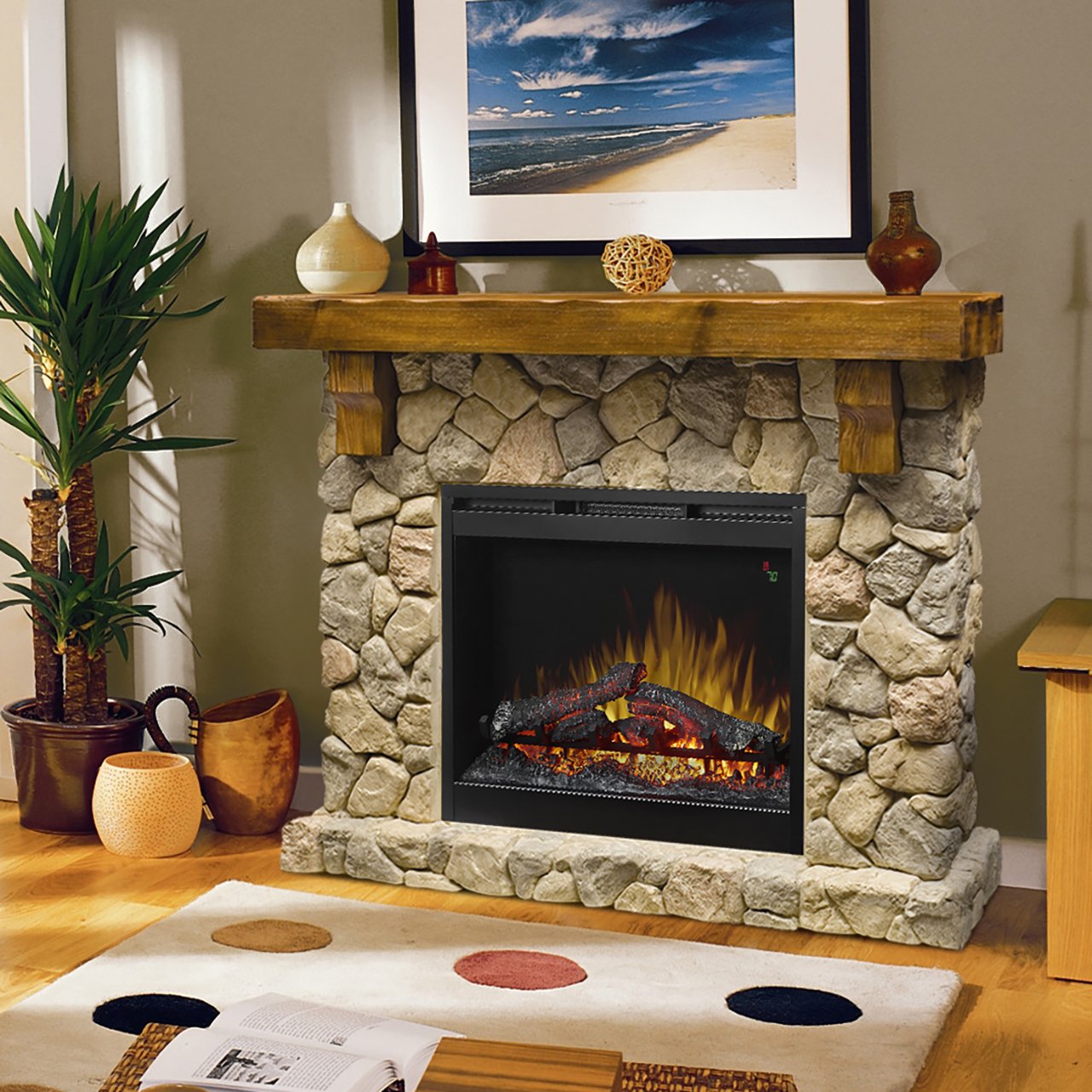 Dimplex Fieldstone Electric Fireplace with Mantel Surround Package | Pine with Natural Stone-Look, 26" - #GDS28L8-904ST