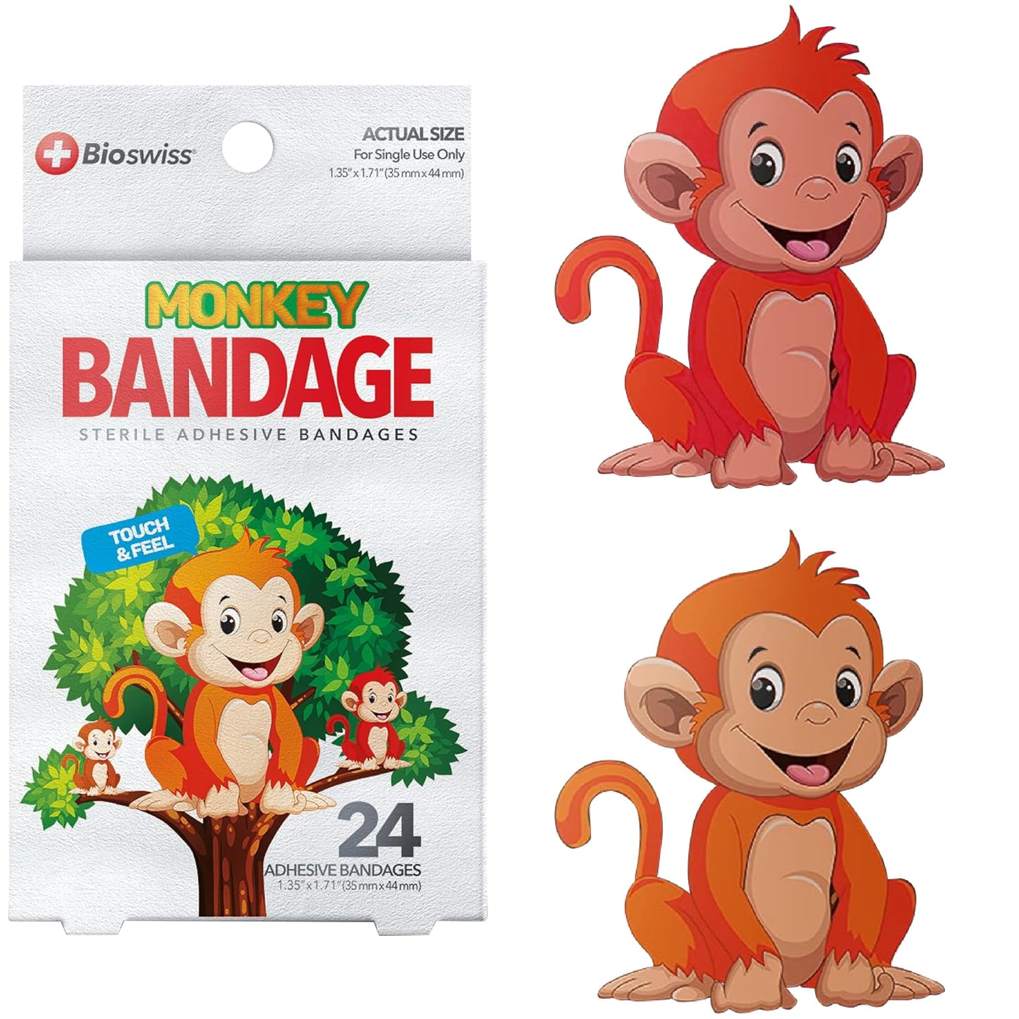 BioSwiss Bandages, Monkey Shaped Self Adhesive Bandage, Latex Free Sterile Wound Care, 24 Count