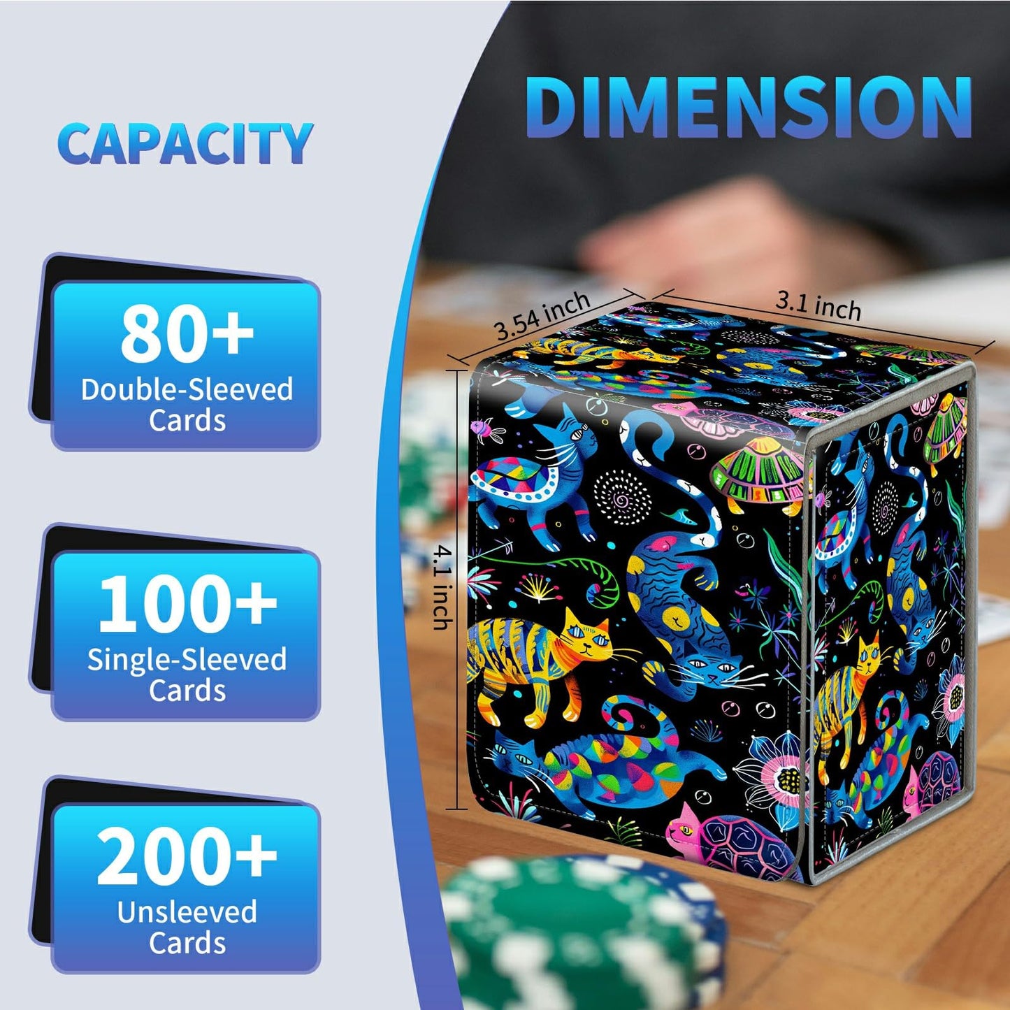 BREIDMKFM Card Deck Box for Trading Cards, MTG Commander Deck Box Fits 100+ Single Sleeved Cards, Leather Magnetic Card Storage Box for YuGiOh TCG CCG Cards, Art Cats