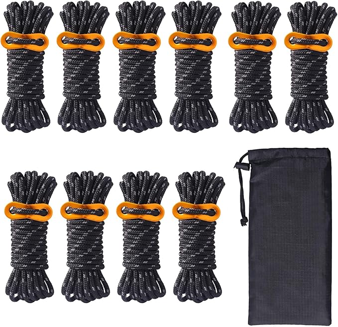 Hikeman 10 Pack 4mm Camping Rope Reflective Outdoor Guy Lines with Aluminum Guyline Adjuster Tensioners Nylon Tent Tie Downs for Hiking Backpacking Tarp,Canopy Shelter (Black)