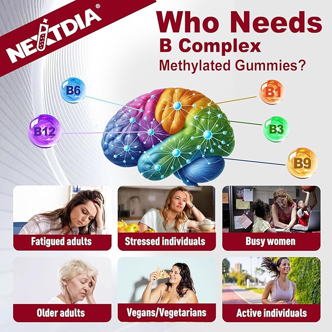 Brain & Mood Support Gummies, Super Vitamin B Complex for Men & Women, All B Vitamin B1 B2 B3 B5 B6 B7 B9 MethyB12 Multivitamin with PABA, Inositol, Choline, Supports MTHFR Gene & Energy, Vegan, 120Ct