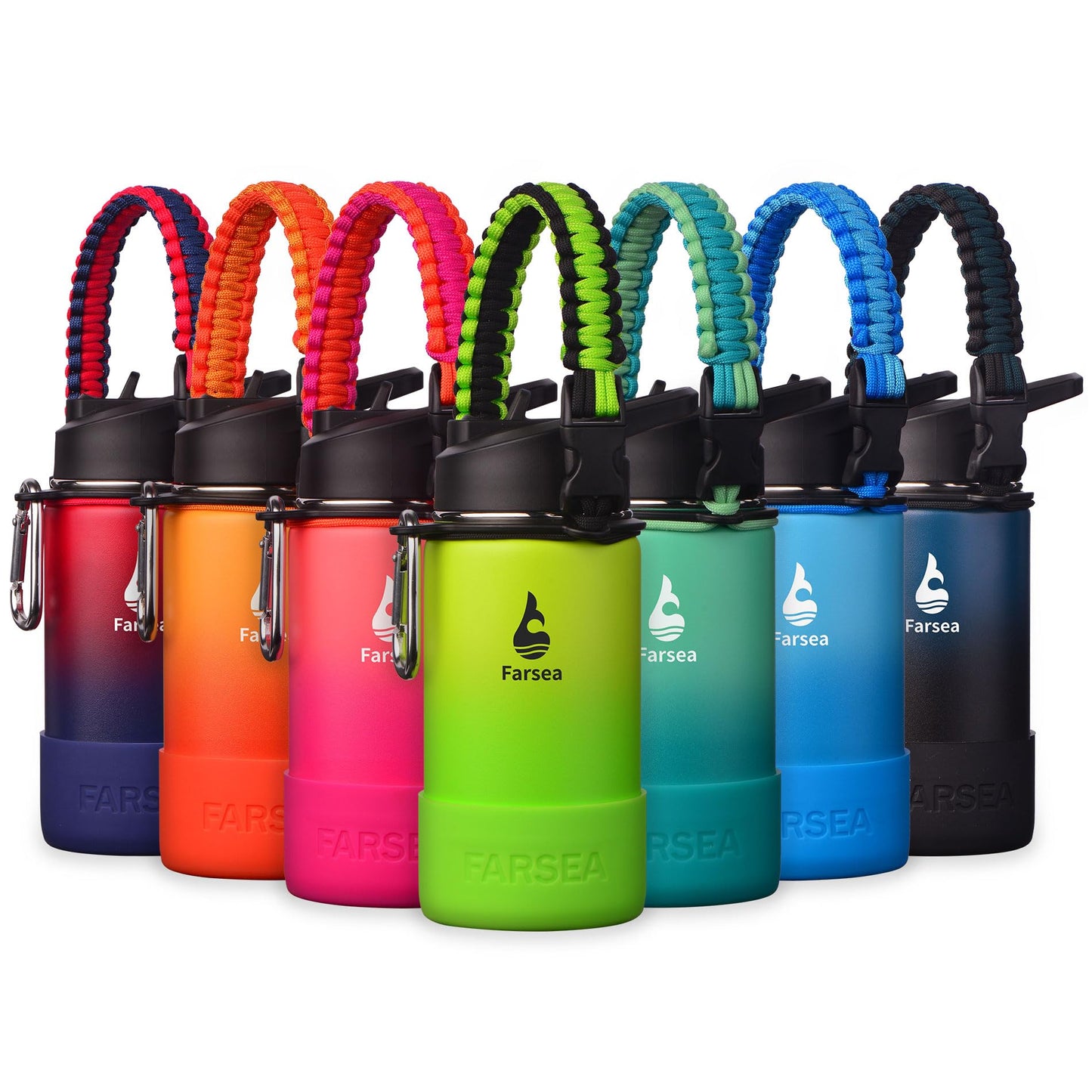 Farsea Insulated Water Bottle With Paracord Handle, Protective Silicone Boot and 2 Lids (Straw Lid & Spout Lid), Stainless Steel Water Bottle Wide Mouth, Double Wall Sweat-Proof BPA-Free,12 oz