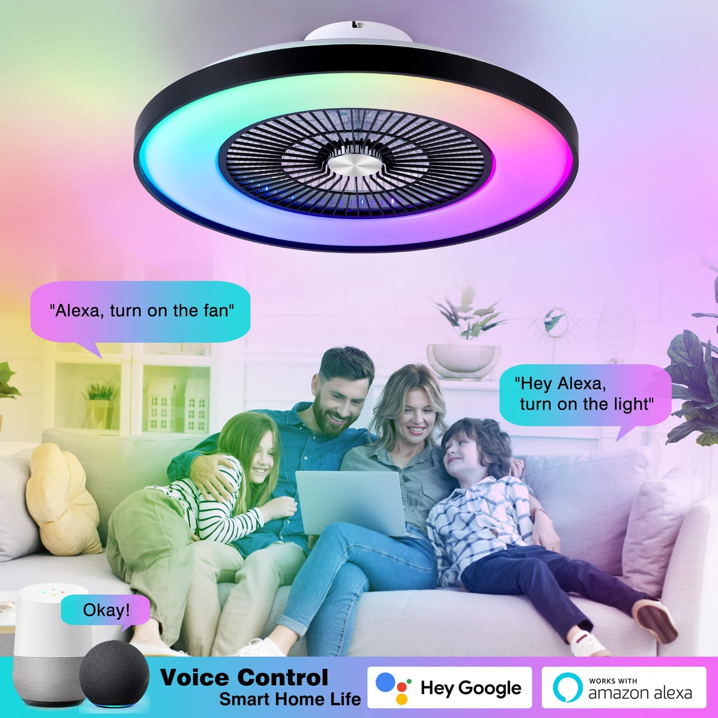 HUMHOLD 24" Bladeless Ceiling Fans with Lights and Remote/APP/Voice Control, Low Profile Ceiling Fan with RGB Lights, Enclosed Flush Mount Ceiling Fan for Kid's Bedroom/Living Room
