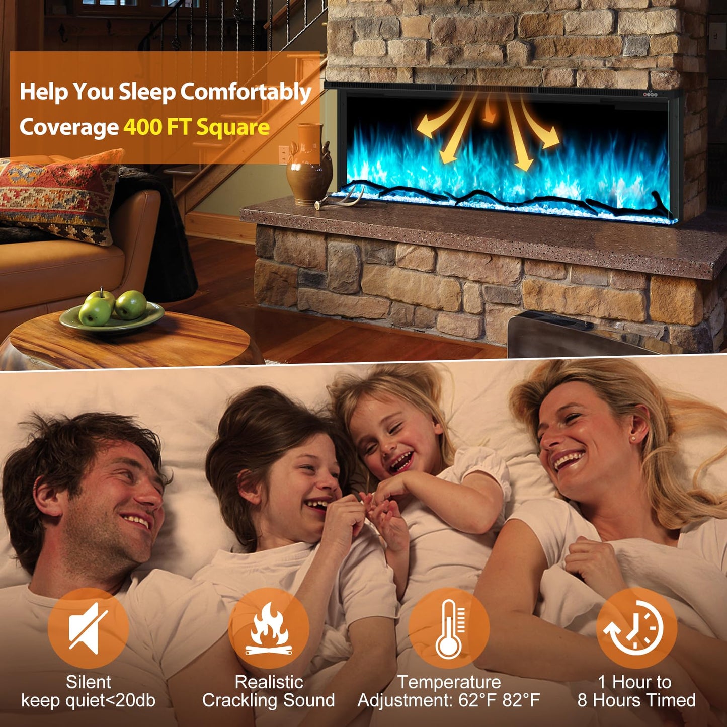 Crumisy 3 Sided Fireplace, 60 inch Fire Place Electric Fireplace Heater, with Realistic Colorful LED Flame, Remote Control, Log and Crystals