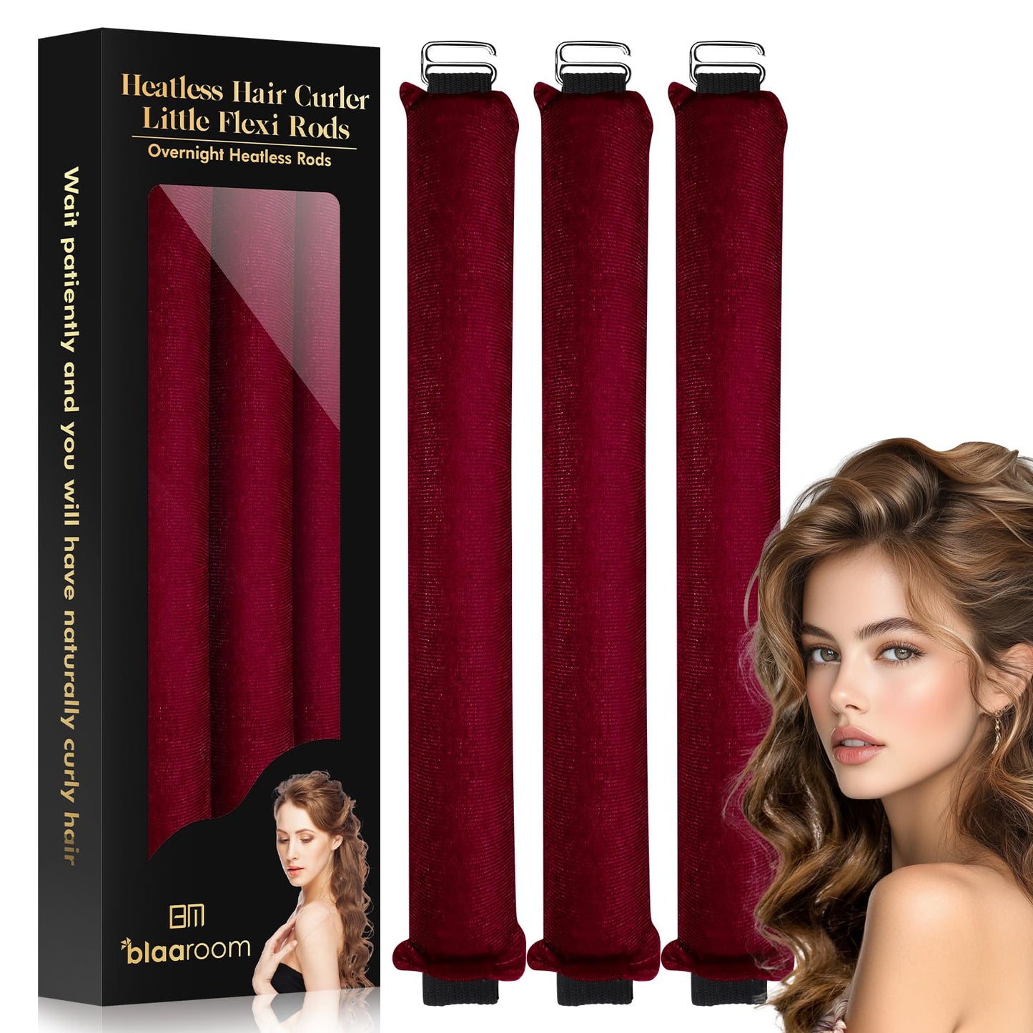 Overnight Heatless Hair Curler to Sleep in, Satin Velvet Overnight Curls Flexi Blowout Jumbo Rods, No Heat Sleeping Curling for Hair Styling Tools - 3pcs Wine Red