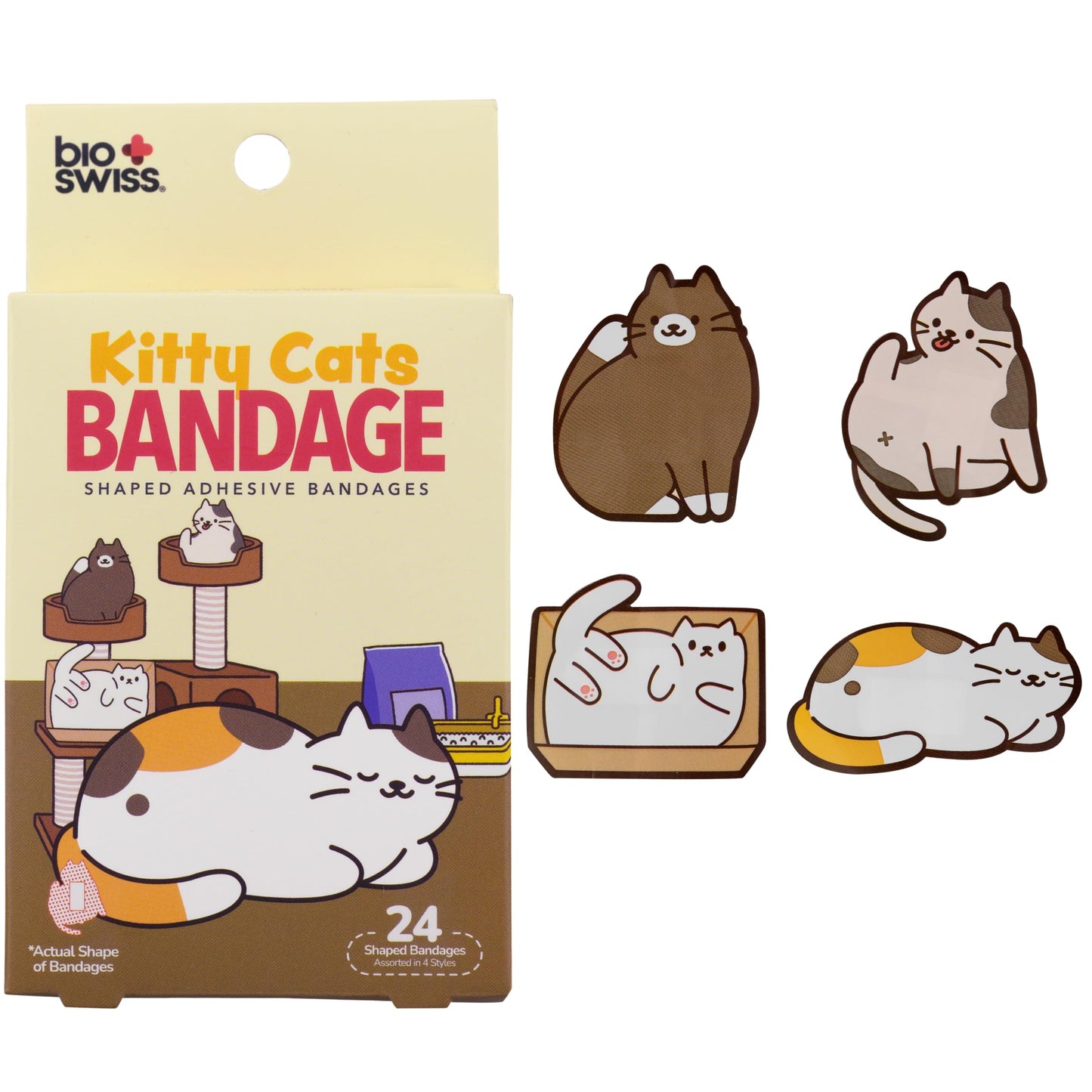 BioSwiss Bandages, Kitty Cats Shaped Self Adhesive Bandage, Latex Free Sterile Wound Care, Fun First Aid Kit Supplies for Kids and Adults, 24 Count