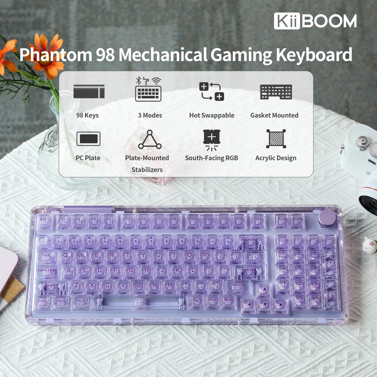 KiiBoom Phantom 98 Hot Swappable Crystal Gasket-Mounted Mechanical Keyboard, Triple Mode NKRO Gaming Keyboard with South-Facing RGB, Clear Keycaps, 8000mAh Battery for Win/Mac (Purple)
