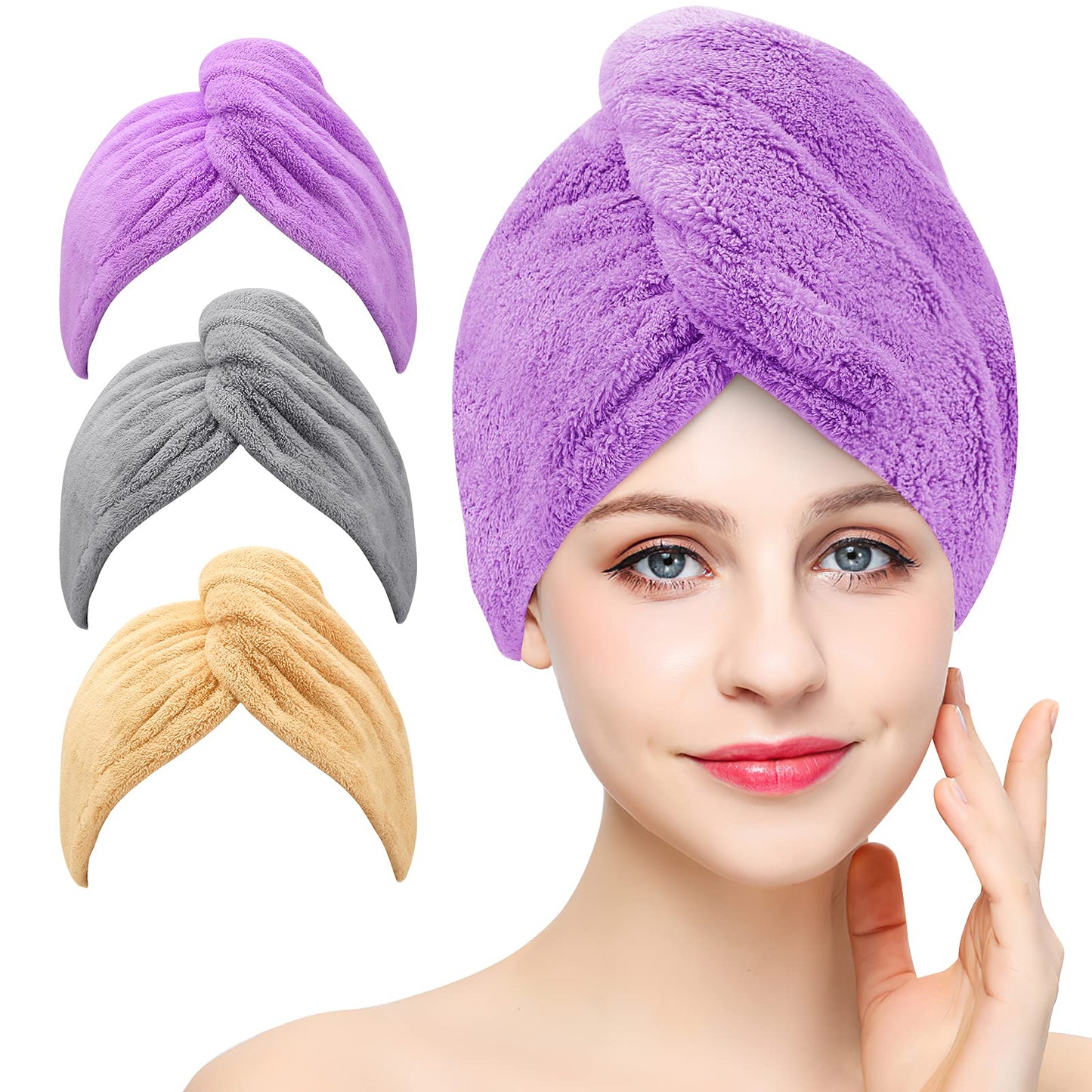 BEoffer Microfiber Hair Towel, 3 Packs Hair Turbans for Women, Men,Kids, Quick Dry Hair Wrap Towels for Curly,Long, Curly Hair Anti Frizz (Gray+Khaki+Purple)