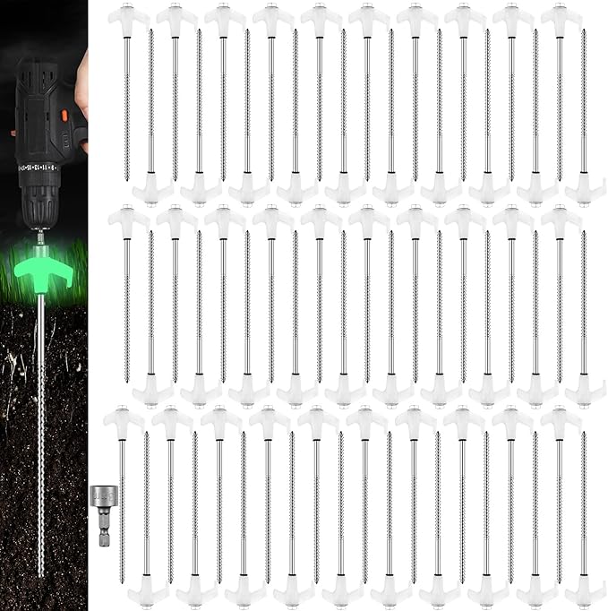 Hicarer 60 Pcs 8'' Screw in Tent Stakes Heavy Duty Ground Anchors Screw in Tent Pegs Ground Stakes Tent Spikes Metal Tent Spikes with Hex Head Driver for Camping Garden Canopies (Luminous White)