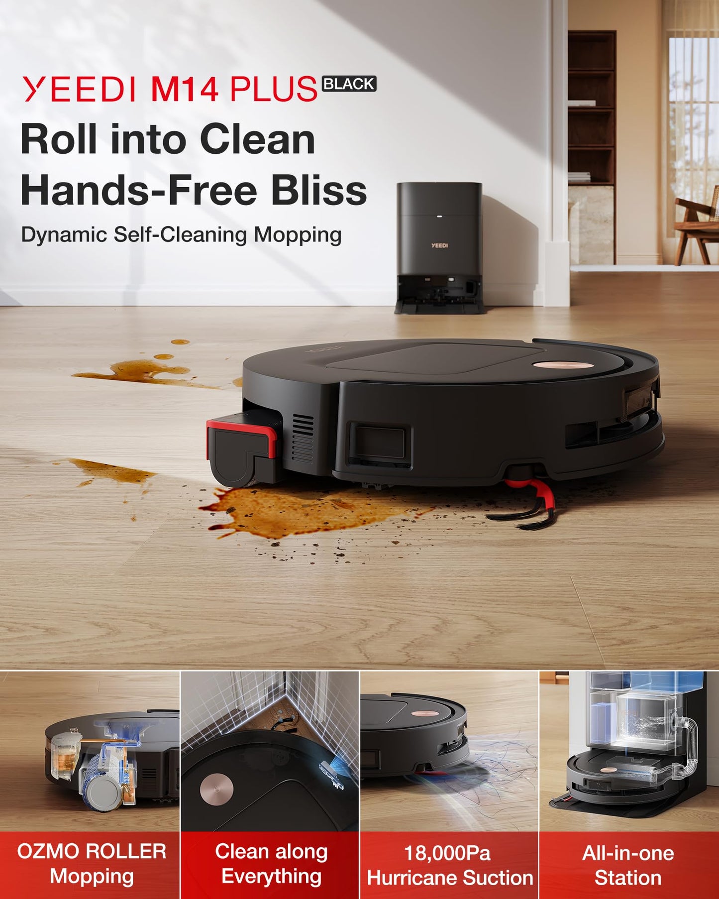 Yeedi M14 Plus Robot Vacuum and Mop, 18,000Pa Suction, OZMO Roller Instant Self-Washing Mopping, 167℉ Smart Dynamic Hot Wash & Auto-Dry, ZeroTangle 3.0 Anti-Hair Brush, All-in-One Omni Station, Black