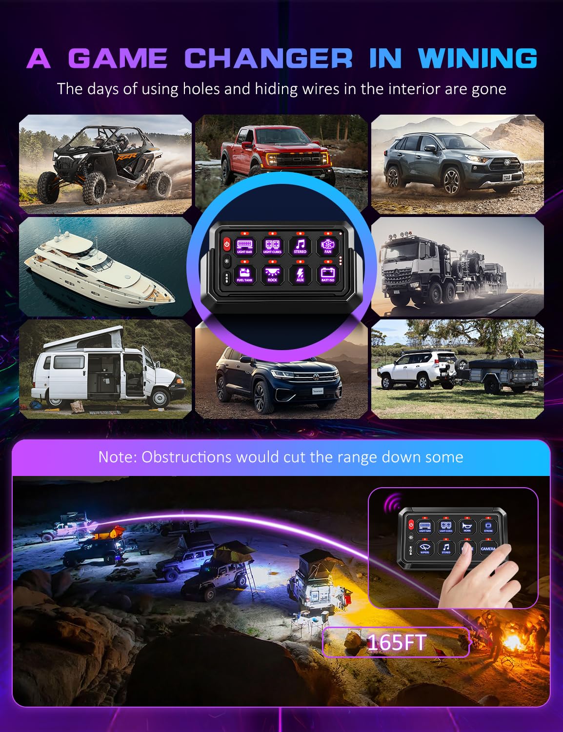 Chelhead Wireless Switch Panel 12V 8 Gang Remote Control Range 165FT RGB Waterproof Multifunction Toggle Momentary Strobe Circuit Control Relay System Box for Off Road Truck SUV UTV RV