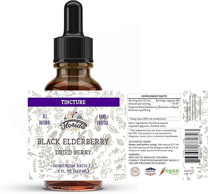 Black Elderberry Tincture, Organic Black Elderberry Extract (Sambucus Nigra) Antioxidant Extract for Immune Support, Non-GMO in Cold-Pressed Organic Vegetable Glycerin 4 oz, 670 mg