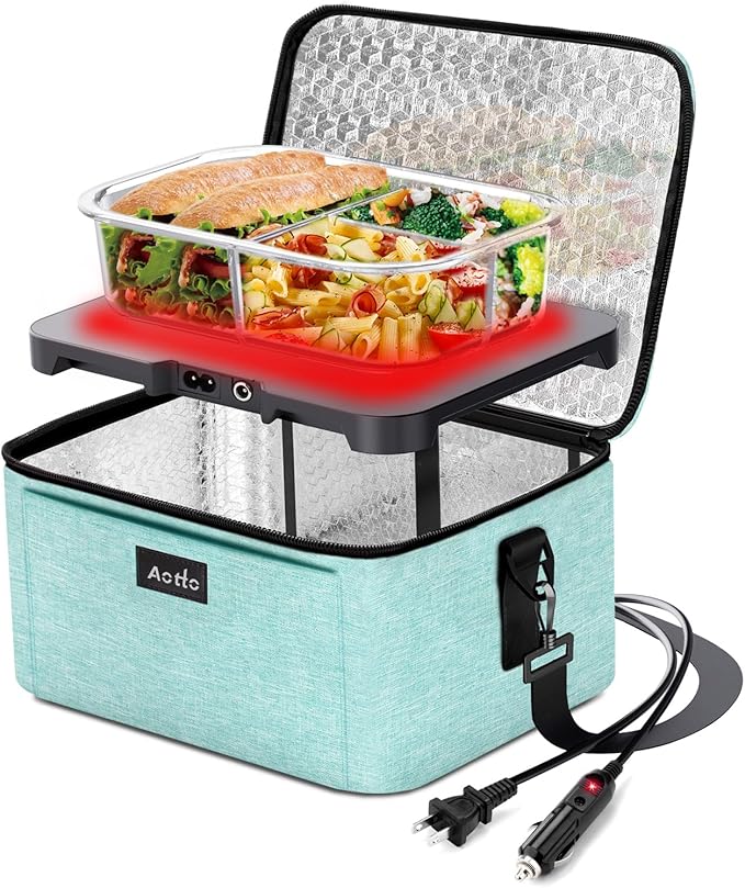 Aotto Portable Electric Lunch Box Food Heater, 12V/24V/110V 3-in-1 Car Food Warmer Heated Lunch Box for Adults, Cook, Reheat & Keep Meals Warm for Car, Truck, Travel, Work, Home - Lake Green