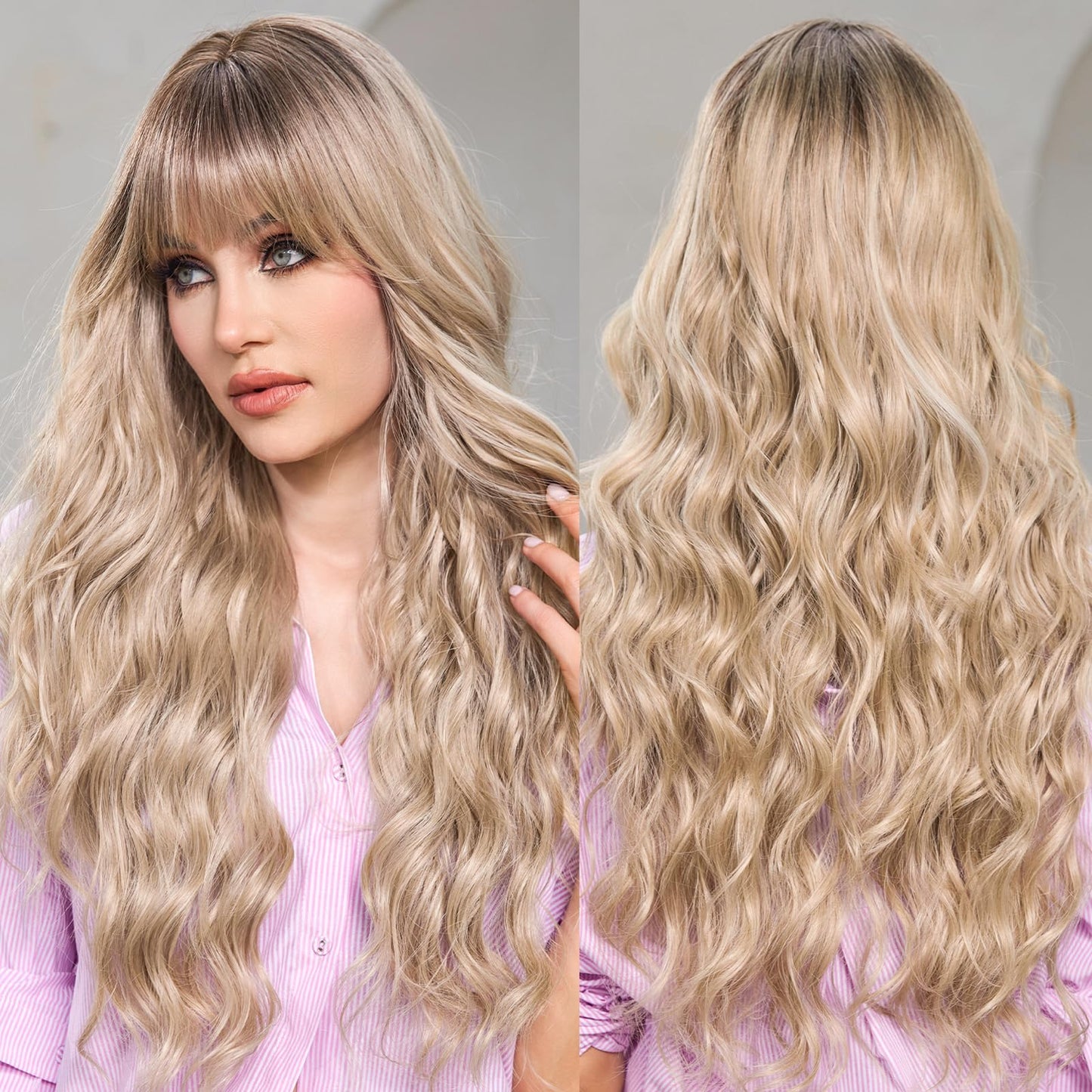 HAIRCUBE Ombre Blonde Wig for Women Long Wavy Wigs with Bangs Layered Synthetic Wigs Natural Looking Comfortable and Breathable