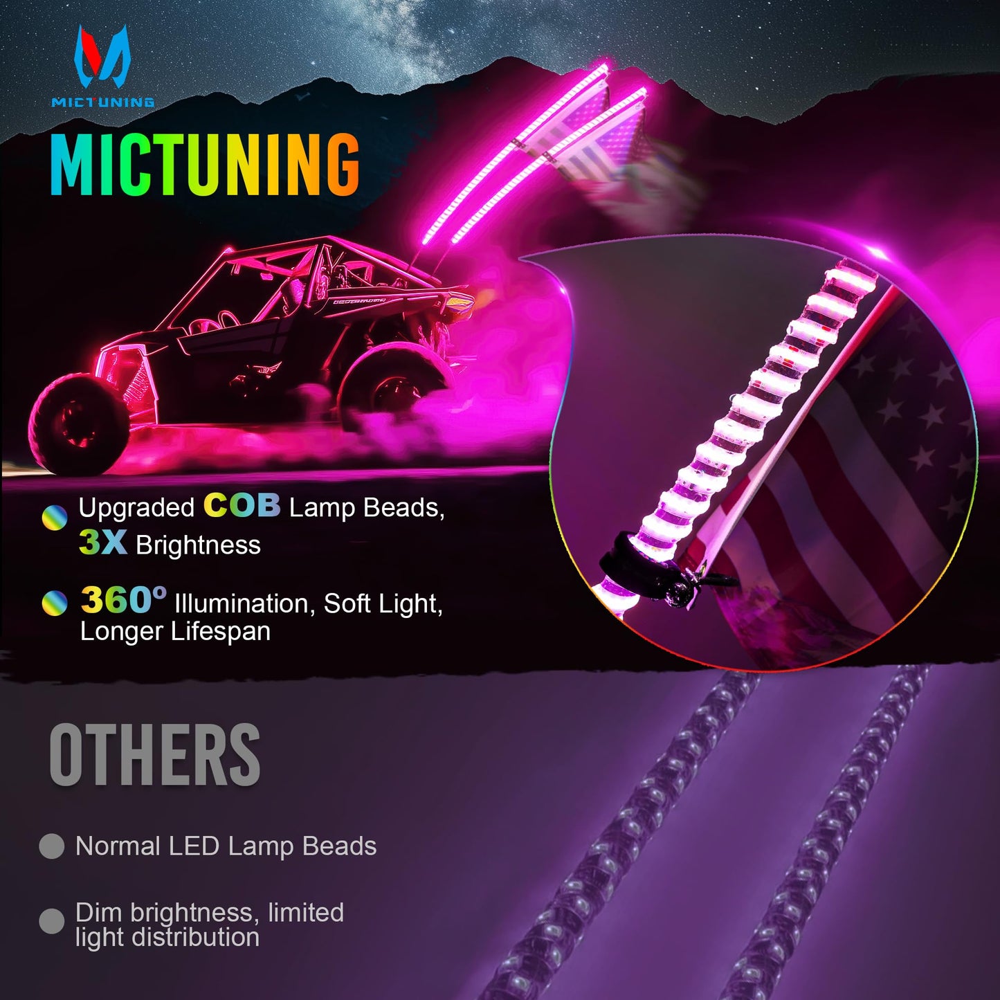 MICTUNING 2 Pack 4ft COB Whip Lights 360° Spring Base with 8 Flags, Remote Control, Rocker Switch RGB+IC Chasing/Dancing Light for ATV UTV RZR Can-Am
