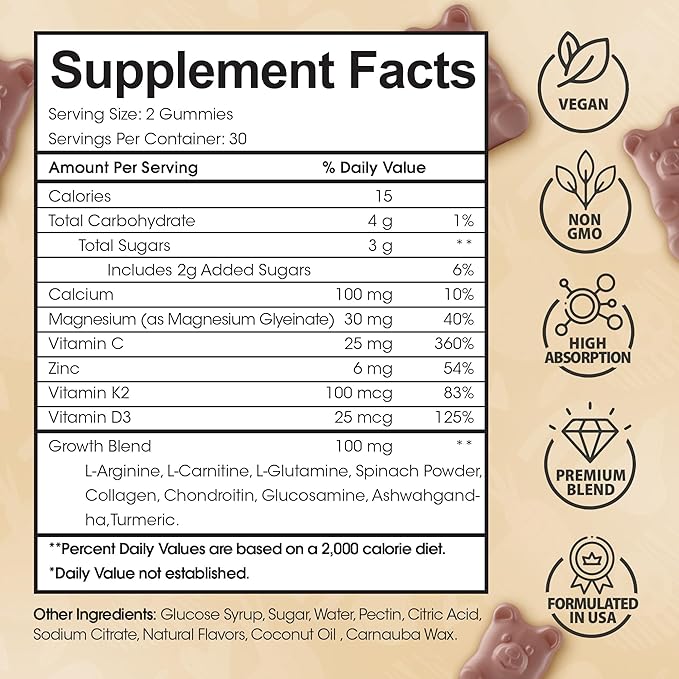 Height Growth Increase Vitamin Gummies, Calcium, Magnesium, Zinc, Ashwagandha, Glucosamine Grow Tall Supplement, Multivitamin for Kids, Teens, Adults