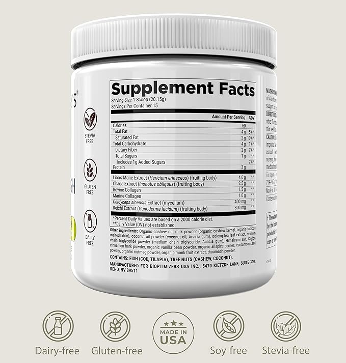 BIOptimizers Mushroom Coffee Alternative – Chai Drink – Lion’s Mane, Chaga, Reishi + Collagen Peptides for Focus, Energy & Gut Health – Adaptogenic Mushrooms & MCT Powder – 15 Servings