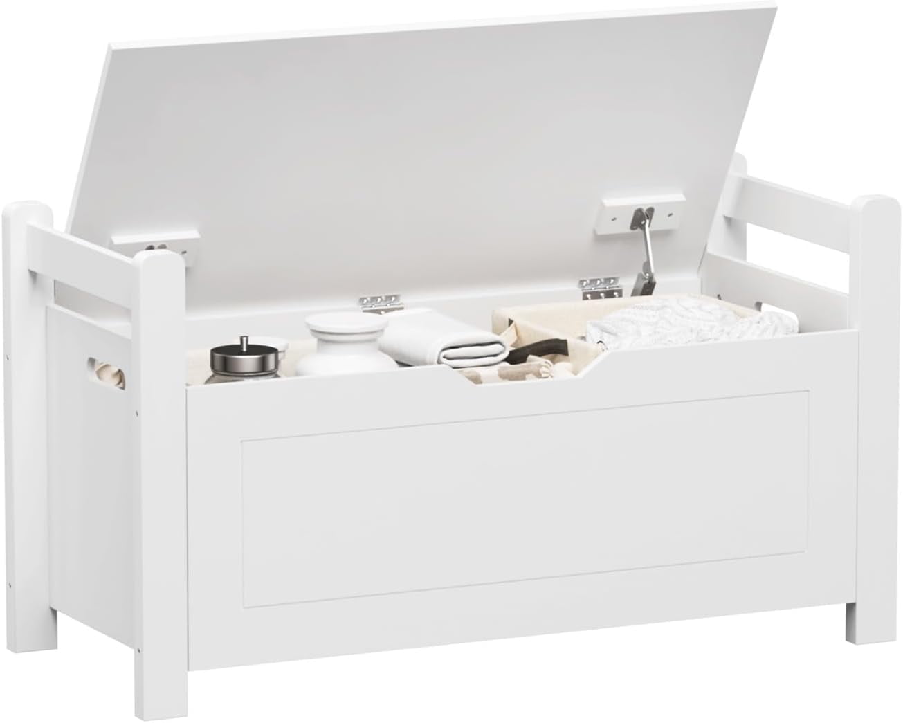 35"" White Entryway Storage Bench with Cushion - Wooden Toy Box with Safety Hinges, Shoe Bench for Living Room & Bedroom