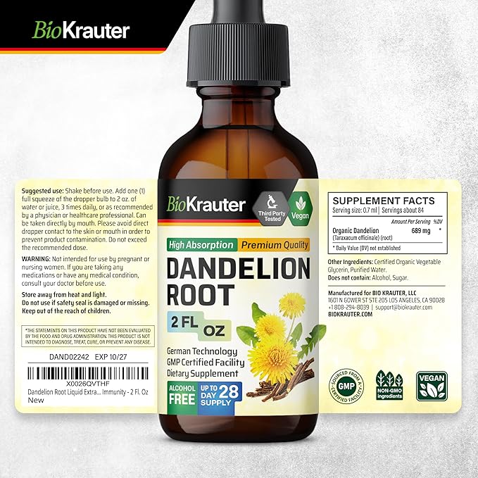 BIO KRAUTER Dandelion Root Extract - Alcohol & Sugar Free Dandelion Tinture - Vegan Supplement for Cleansing & Immunity - 2 Fl. Oz - 28 Days of Supply