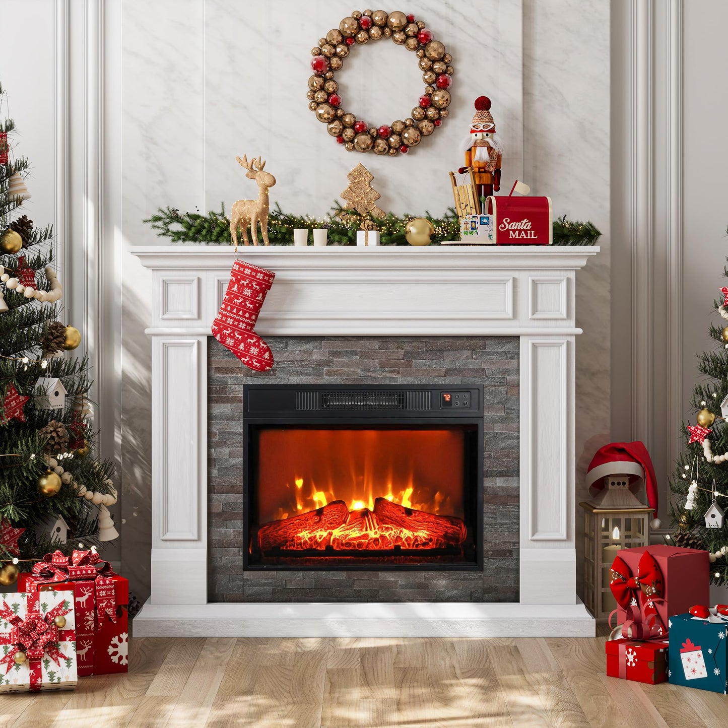 LGHM 44" Electric Fireplace with Mantel, Tall Fireplace Heater Freestanding, Realistic Stacked Stone Surround with Remote Control Timer LED Flame for Living Room,Bedroom…