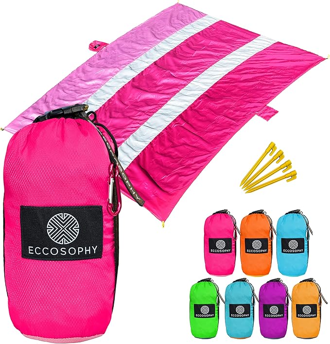 ECCOSOPHY Sandproof Beach Blanket - Oversized Sand Free Beach Mat 9'x10' - Lightweight Outdoor Picnic Blanket Anchored with 4 Corner Sand Pockets & Plastic Stakes - Heat Proof, Quick Drying & Compact