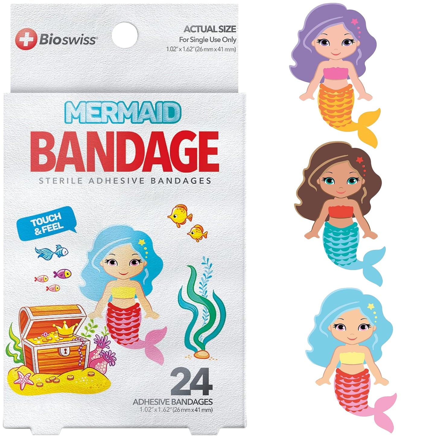 BioSwiss Bandages, Mermaid Shaped Self Adhesive Bandage, Latex Free Sterile Wound Care, Fun First Aid Kit Supplies for Kids, 24 Count
