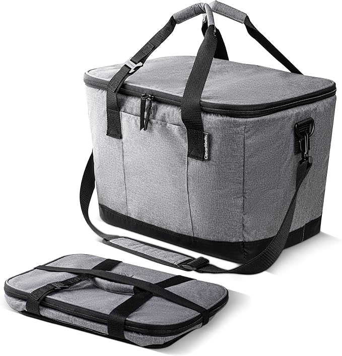 CleverMade Collapsible Cooler Bag 50 Can Beach & Travel Car Cooler, Folding Soft Cooler, Shoulder Strap, Bottle Opener Great Car Coolers for Travel, Cleans Easy, Leak Proof - Gray/Black Gray/Midnight