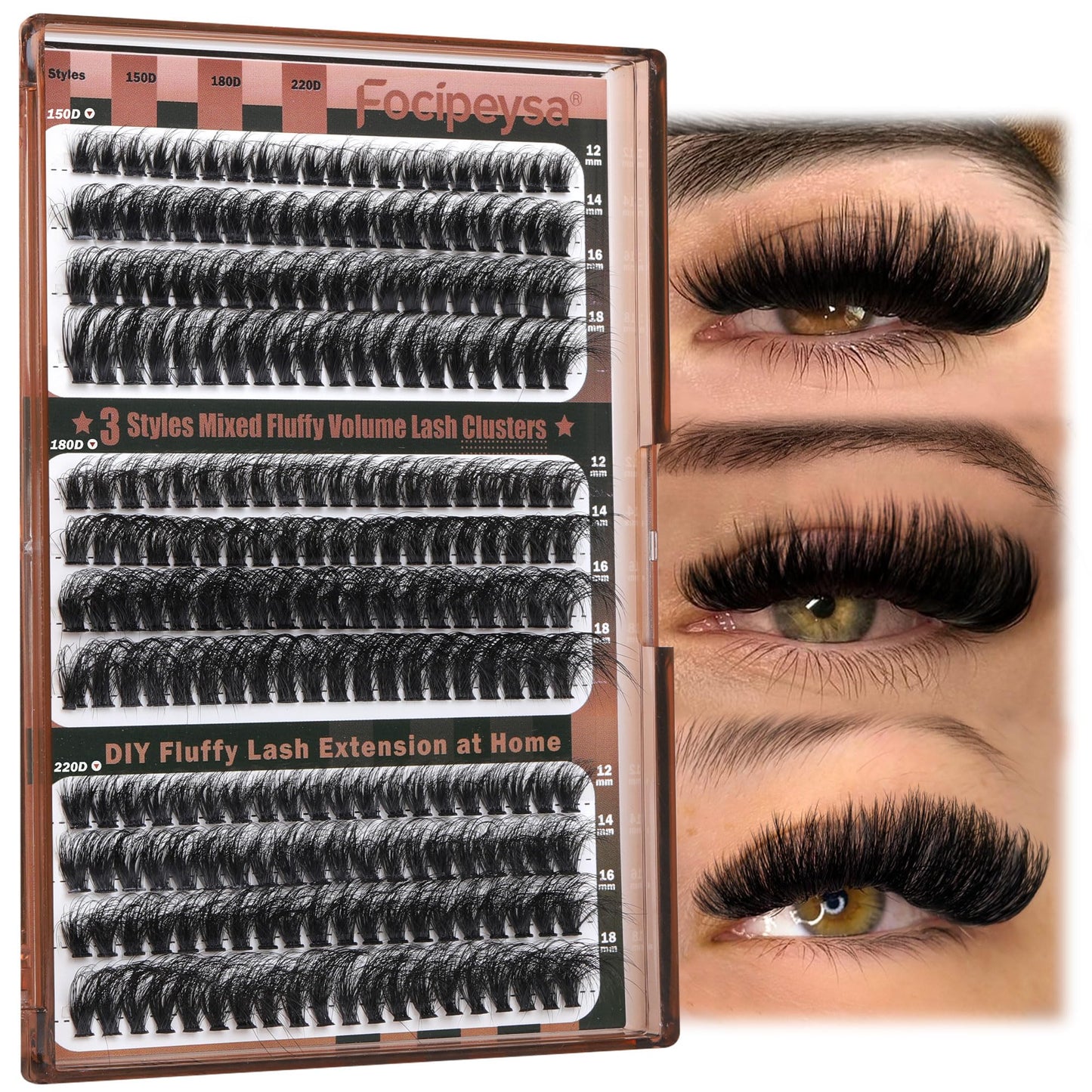 Focipeysa Fluffy Lash Clusters Wispy Lash Extension 12-18mm Eyelash Clusters 150D+180D+220D Individual Eyelashes Extensions, DIY Clusters Lashes at Home (240pcs 12-18mm Mixed)