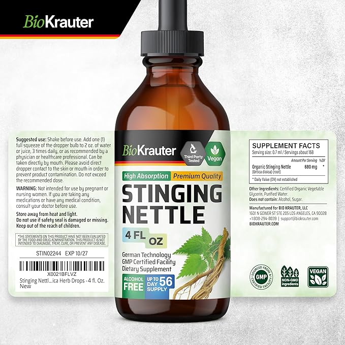 BIO KRAUTER Stinging Nettle Tincture - Nettle Root Extract Liquid - Urinary Support Supplement - Urtica Dioica Natural Extract - Vegan, Sugar & Alcohol Free Drops 4 Fl.Oz.