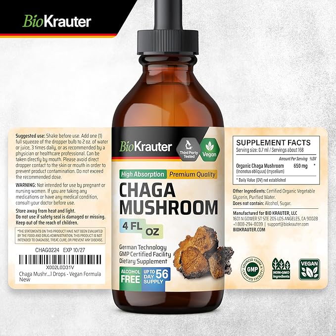BIO KRAUTER Chaga Mushroom Extract - Chaga Tincture for Immune Support - Vegan, Alcohol & Sugar Free Drops 4 Fl.Oz.