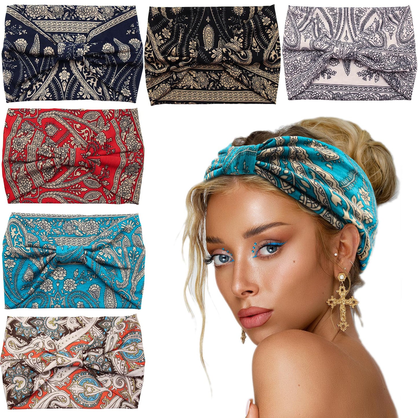 Yeshan Wide Headbands for Women Boho Knotted Head Wraps Turbans Non Slip Bandana Headbands Sport Yoga Workout Stretchy Hair bands,Pack of 6
