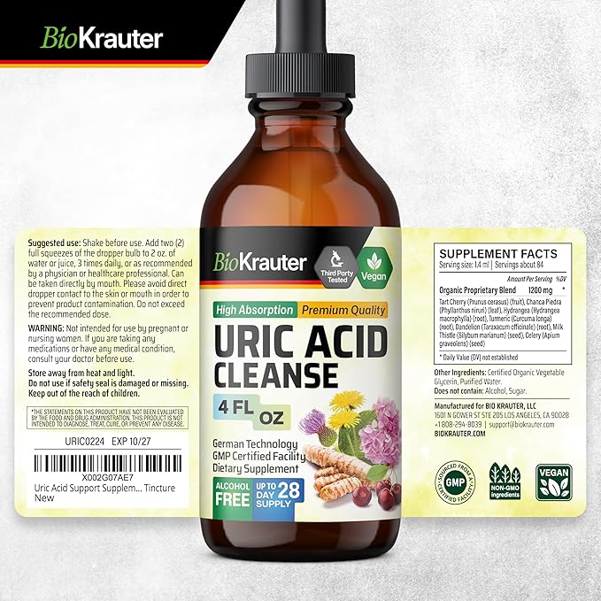 BIO KRAUTER Uric Acid Support Tincture - Natural Kidney Supplement w/Tart Cherry, Milk Thistle, Turmeric Herbal Liquid Extracts - Vegan Drops 4 Fl.Oz.