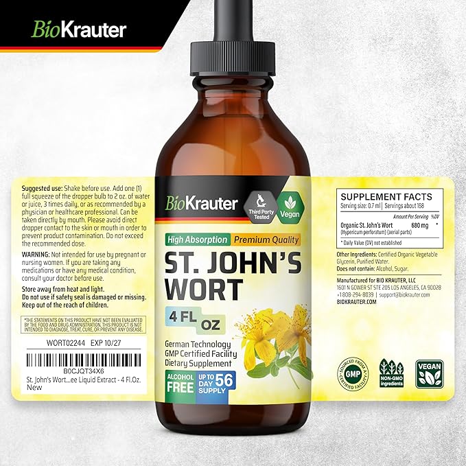 BIO KRAUTER St Johns Wort Tincture - Hypericum Perforatum Liquid Extract for Mood Support - High Absorption - St Johns Wort Alcohol Free Vegan Drops 4 Fl.Oz.