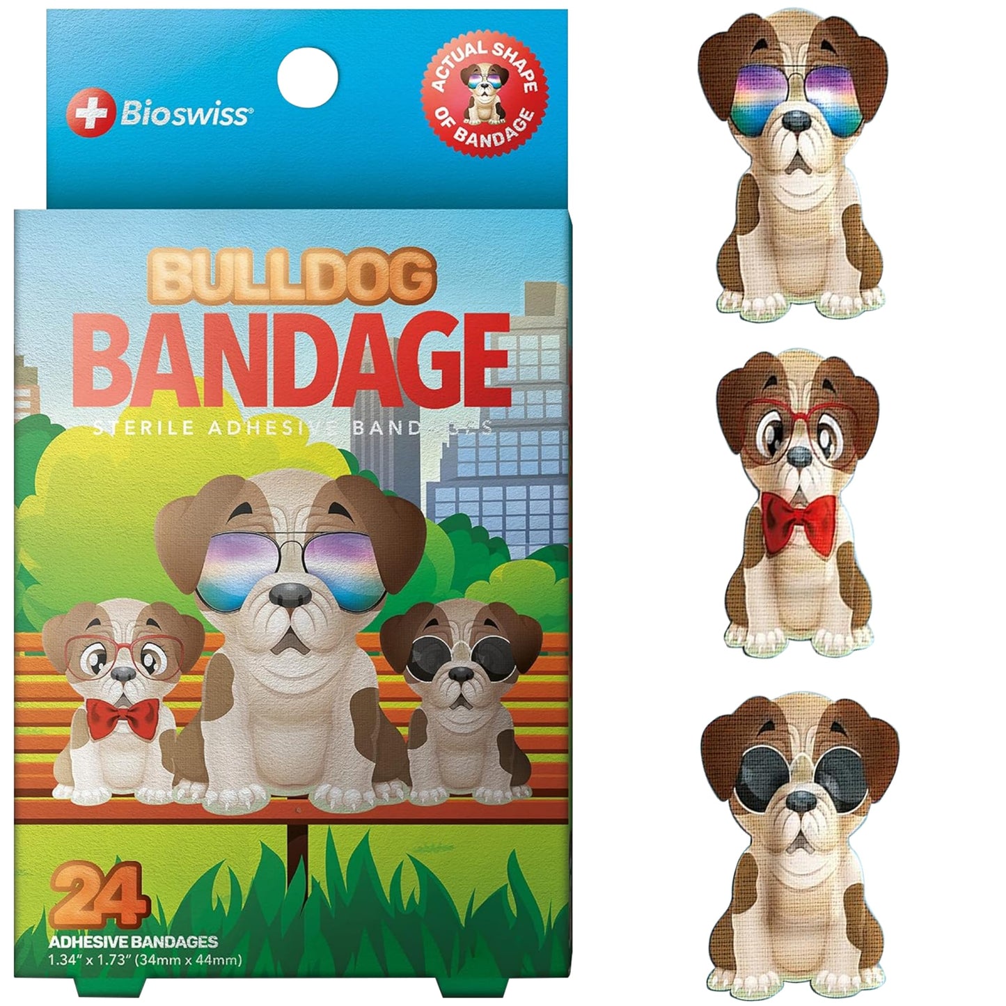 BioSwiss Bandages, Bulldog Shaped Self Adhesive Bandage, Latex Free Sterile Wound Care, 24 Count