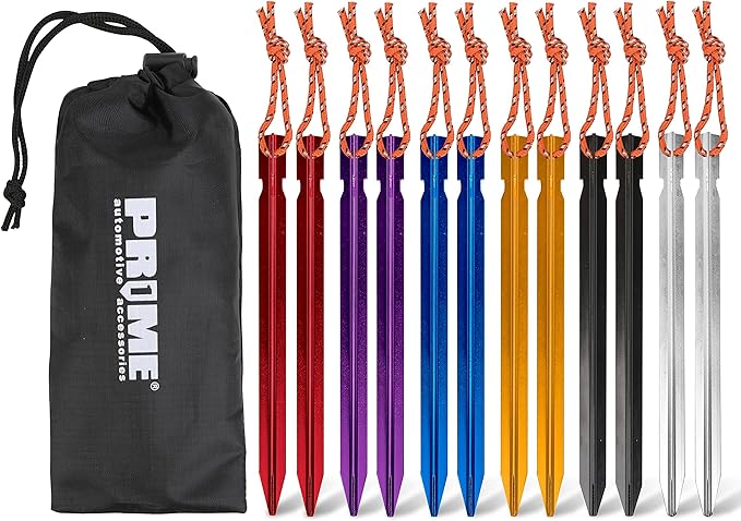 PR1ME Aluminum Tent Stakes, 12 Pack Lightweight Stakes Pegs Heavy Duty Camping Spikes, Ultralight Tent Nail with Reflective Rope, Carry Bag, Tent Accessories for Camping Rain Tarps Hiking Backpacking