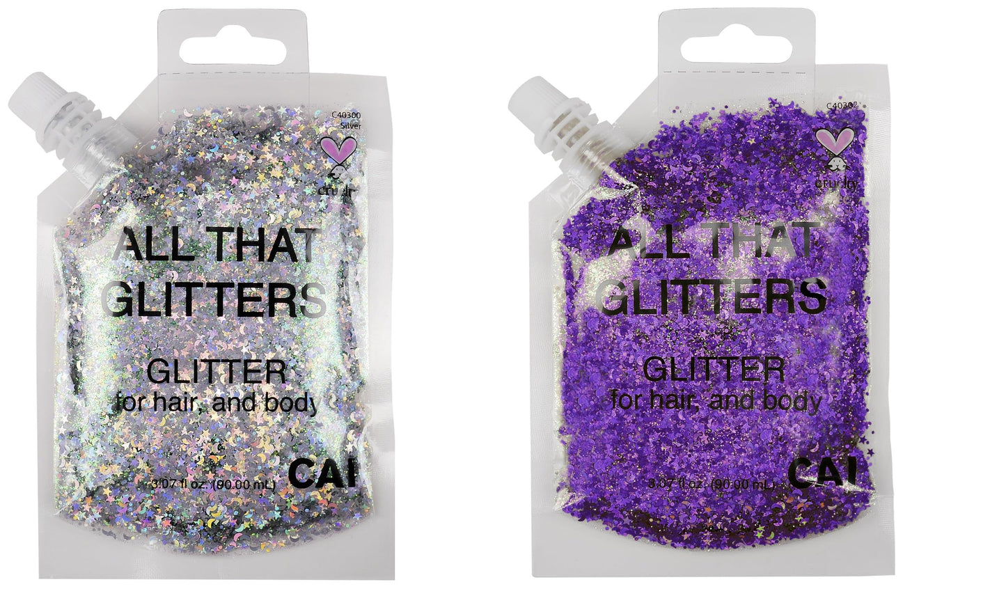 Body Glitter Gel- Face, Body & Hair (2 PK Silver/Violet) Chunky Iridescent Holograph Stars & Moon, 6 oz | Cosmetic-Grade Makeup, Apply Without Glue, Easy to Take Off & Keep Skin Clean - for Raves