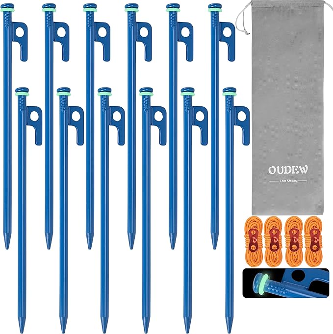 10 inch Tent Stakes Heavy Duty 12 PCS Camping Tent Stakes for Yard and Ground with Reflective Camping Ropes and Pegs Bag(Blue)