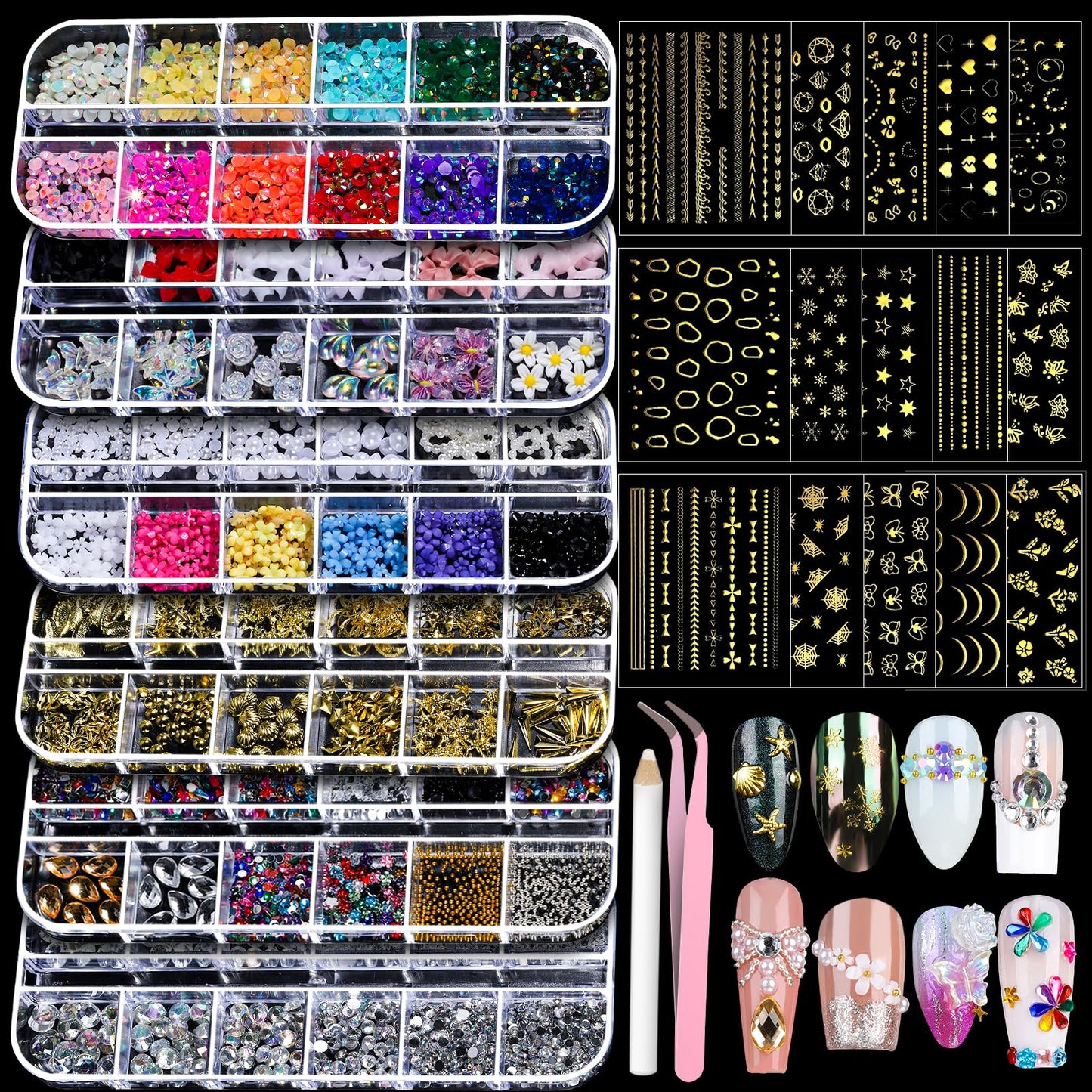 Teenitor Nail Charms Nail Art Kit with 15 Sheets Gold Nail Stickers, 6 Boxes of Nail Gems Nail Art Tools Nail Rhinestones for Nails, Nail Supplies 3D Nail Charms and Gems Nail Decals Nail Pearls
