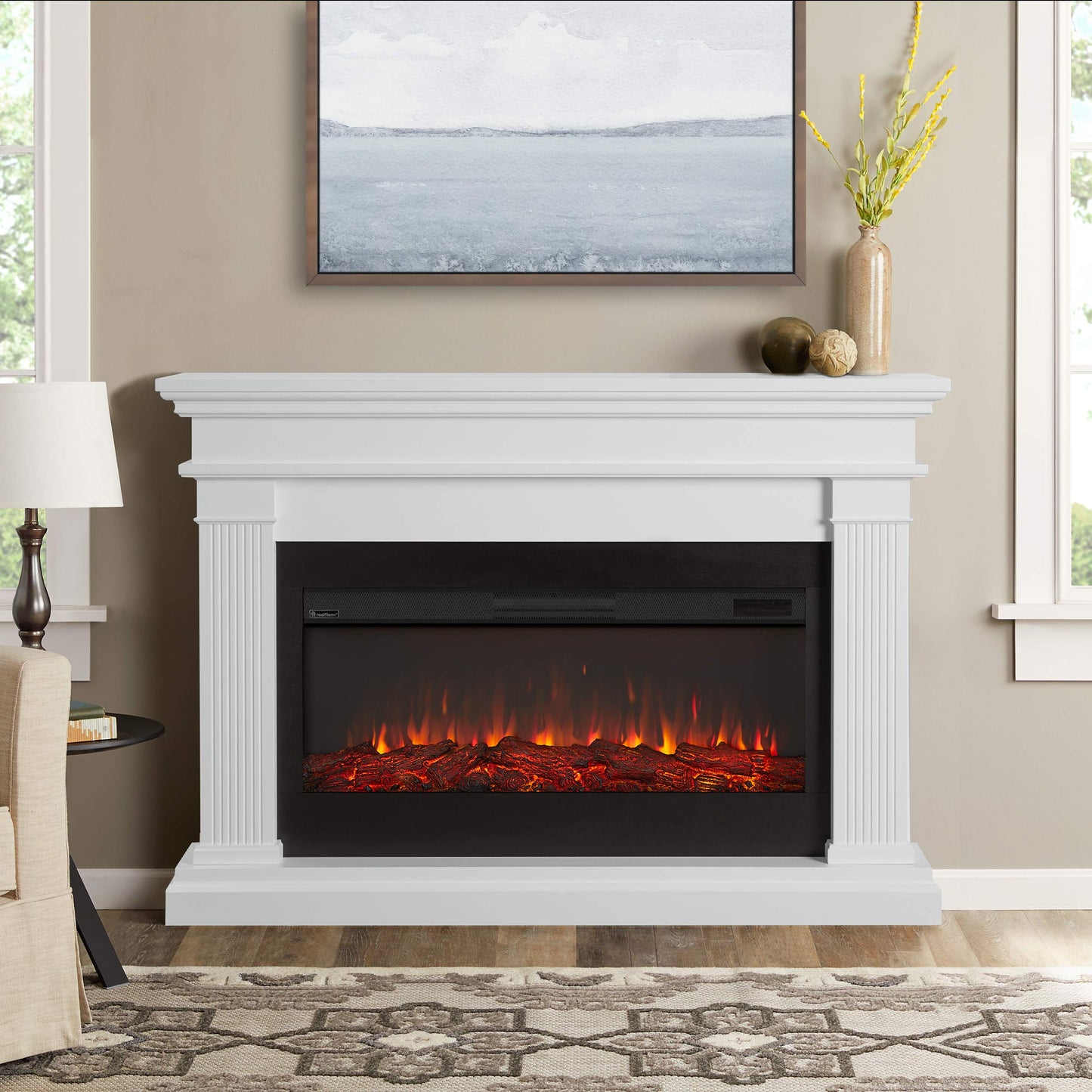 Real Flame Beau 59" Landscape Electric Fireplace with Mantel for Living Room or Bedroom, Replaceable Fireplace Insert Heater, Realistic Log and Flame Effect, Remote Control, Timer