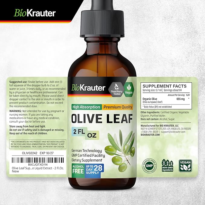BIO KRAUTER Olive Leaf Extract Liquid - Olive Leaf Tincture for Immune Support - Alcohol and Sugar Free - Vegan Drops 2 Fl.Oz.