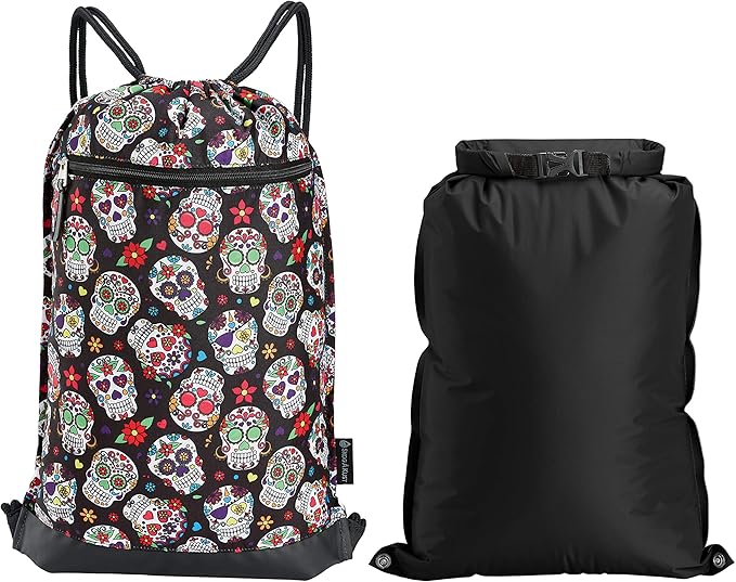 Skog Å Kust GymSak | Patented 2-in-1 Drawstring Cinch Bag with Removable Waterproof Dry Bag | Sugar Skulls