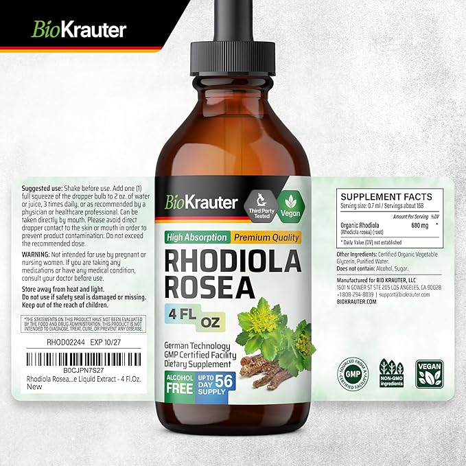 BIO KRAUTER Rhodiola Supplement Liquid - Pure Rhodiola Rosea Tincture for Calmness Support - Alcohol & Sugar Free Extract - 4 Fl.Oz.