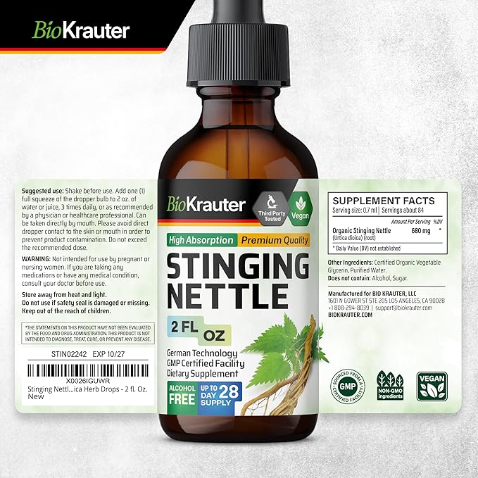 BIO KRAUTER Stinging Nettle Tincture - Nettle Root Extract Liquid - Urinary Support Supplement - Urtica Dioica Natural Extract - Vegan, Sugar & Alcohol Free Drops 2 Fl.Oz.