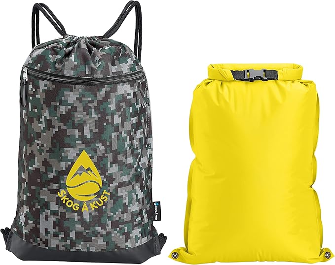 Skog Å Kust GymSak | Patented 2-in-1 Drawstring Cinch Bag with Removable Waterproof Dry Bag | Camo & Yellow