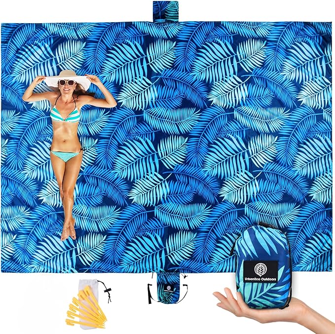 Lightweight Beach Blanket - Oversized 107" x 77" - Waterproof Sandproof - Double Anchored for Fun Leisure Beach Blanket - with Stake and Pouch - Durable Sand Beach Mat