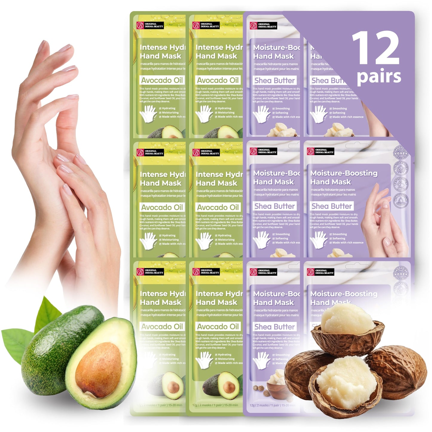 Innerest 12 Pairs Original Derma Beauty Hand Mask Bulk Moisturizing Hand Gloves for Dry Hands Nail Care Essential (Shea Butter + Avocado)