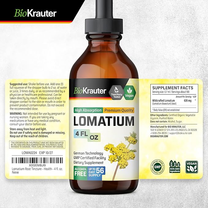 BIO KRAUTER Lomatium Tincture - Immune and Lung Support Supplement - Alcohol and Sugar Free Vegan Lomatium Root Tincture - 4 Fl.Oz.