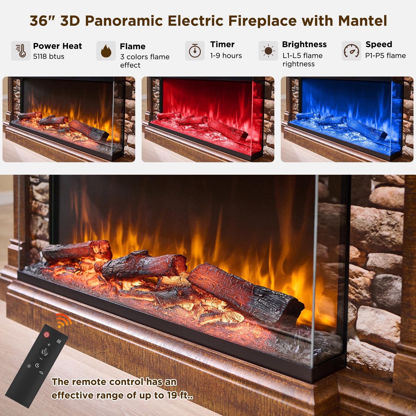 RedLemon 3-Sided Glass Fireplace TV Stand for TVs up to 65", 52" Electric Fireplace with Mantel, 36" Tall Highboy Farmhouse Entertainment Center with Storage for Living Room, Reclaimed Barnwood