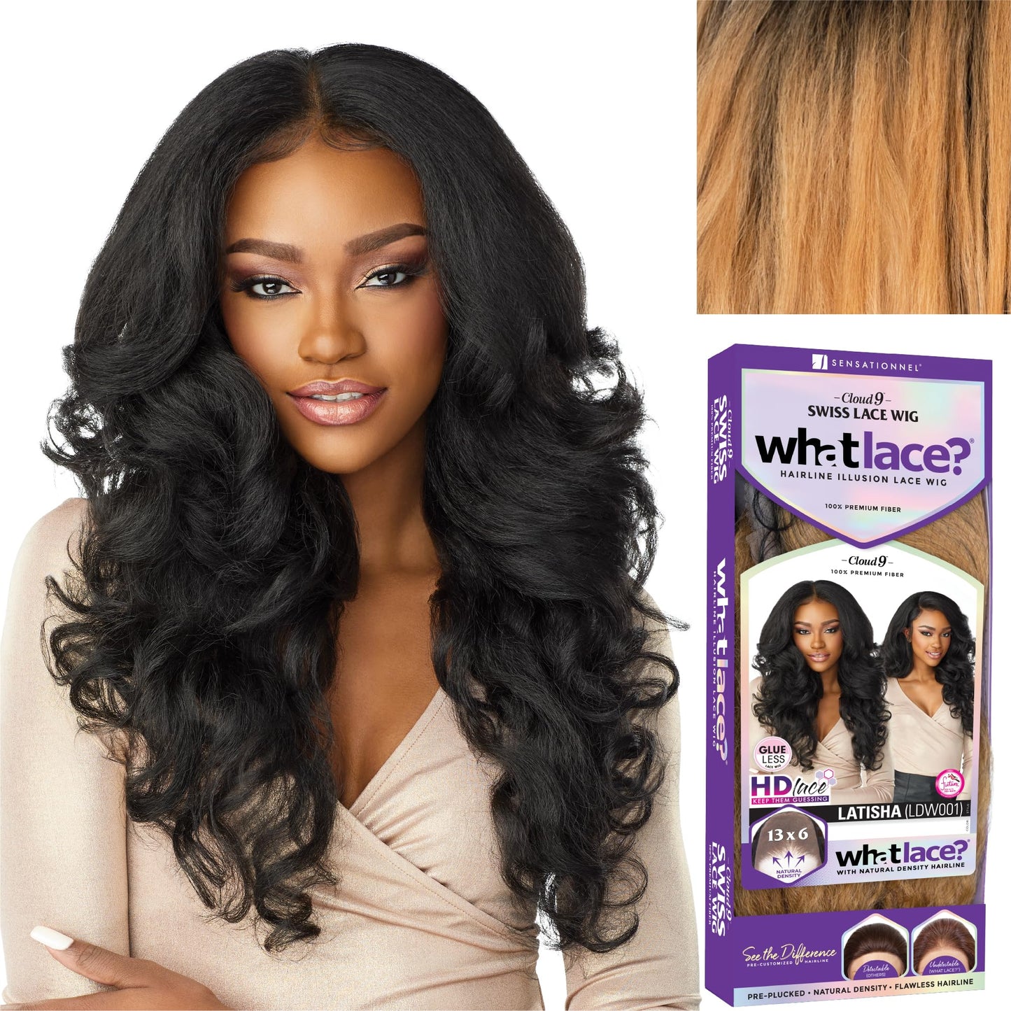 Sensationnel What lace 13x6 wigs - latisha lacefrontal hand tied glueless synthetic with natural density preplucked hairline (Tipped Off Black and Honey Blonde T1B/27)